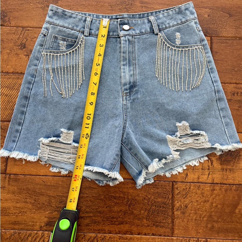 Blue B Collection Rhinestone Fringe Distressed Denim Shorts - Picture 7 of 10